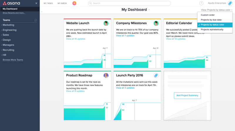 asana dashboard sorting