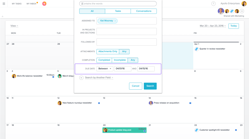 asana search between dates