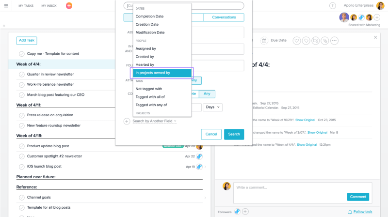 asana search by projects owned by