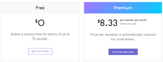 asana pricing page