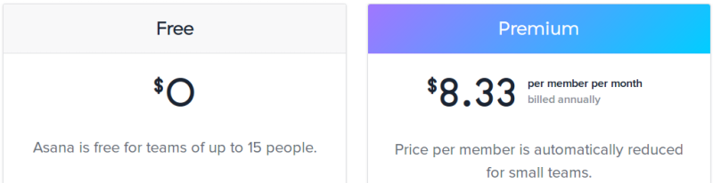 asana pricing page