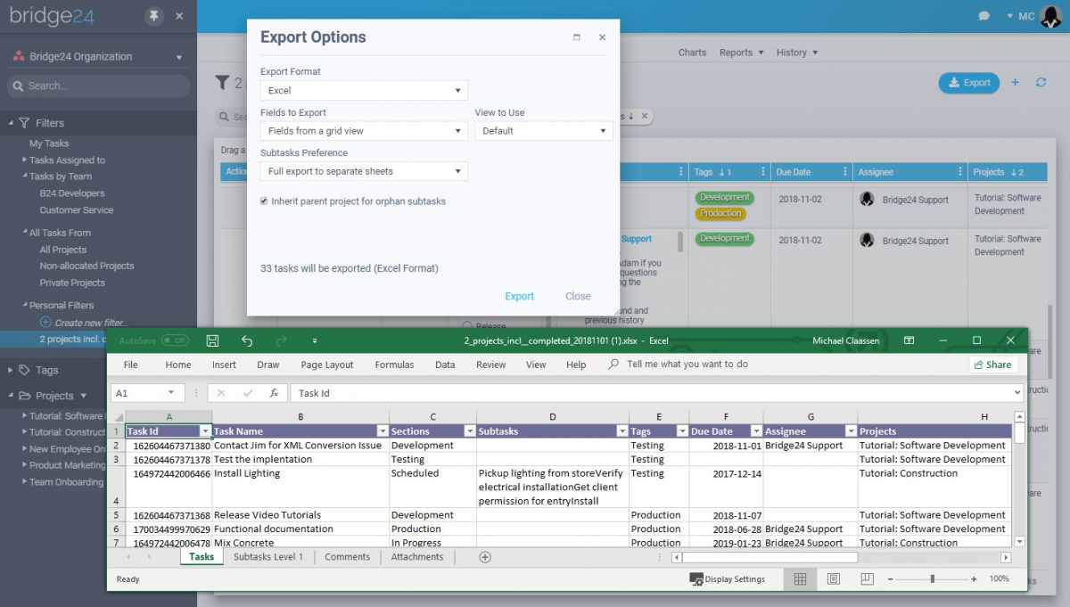Export Asana Tasks and Subtasks to Excel and CSV